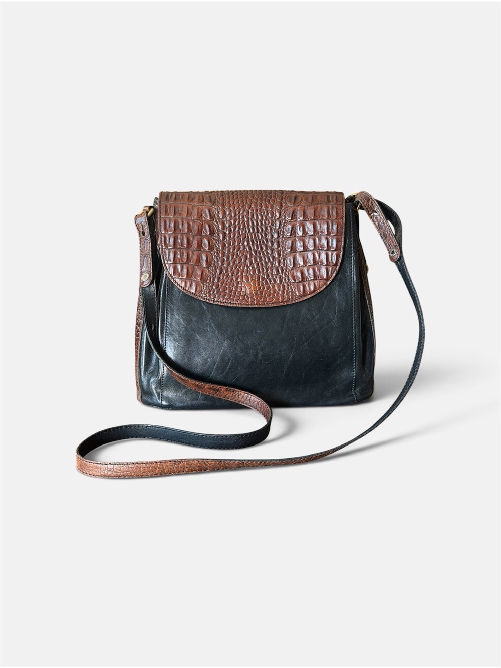 Vintage Brahmin Black & Brown Croc Embossed Leather Crossbody